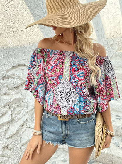 Bohemian Paisley Off-Shoulder Blouse - Lightweight with Statement Flare Sleeves - Perfect for Spring & Summer Outings