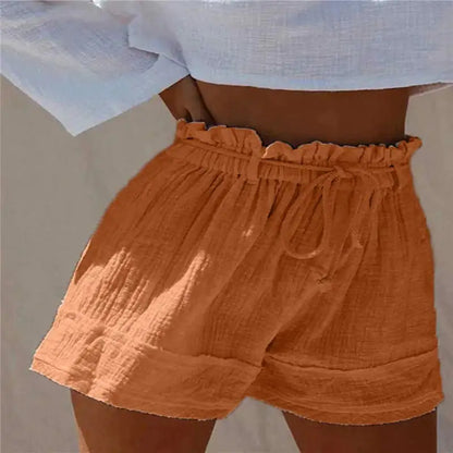 High Waist Cotton Linen Boho Shorts with Pleated Belt